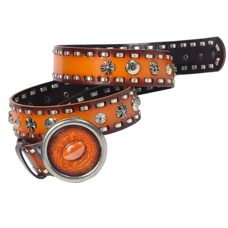 Men's Punk Style Orange Onyx Slate Leather Belt