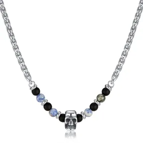 Men's Skull Bead Necklace with Black Onyx and Sodalite - Edgy Stainless Steel Chain, Perfect for Casual or Gothic Styles