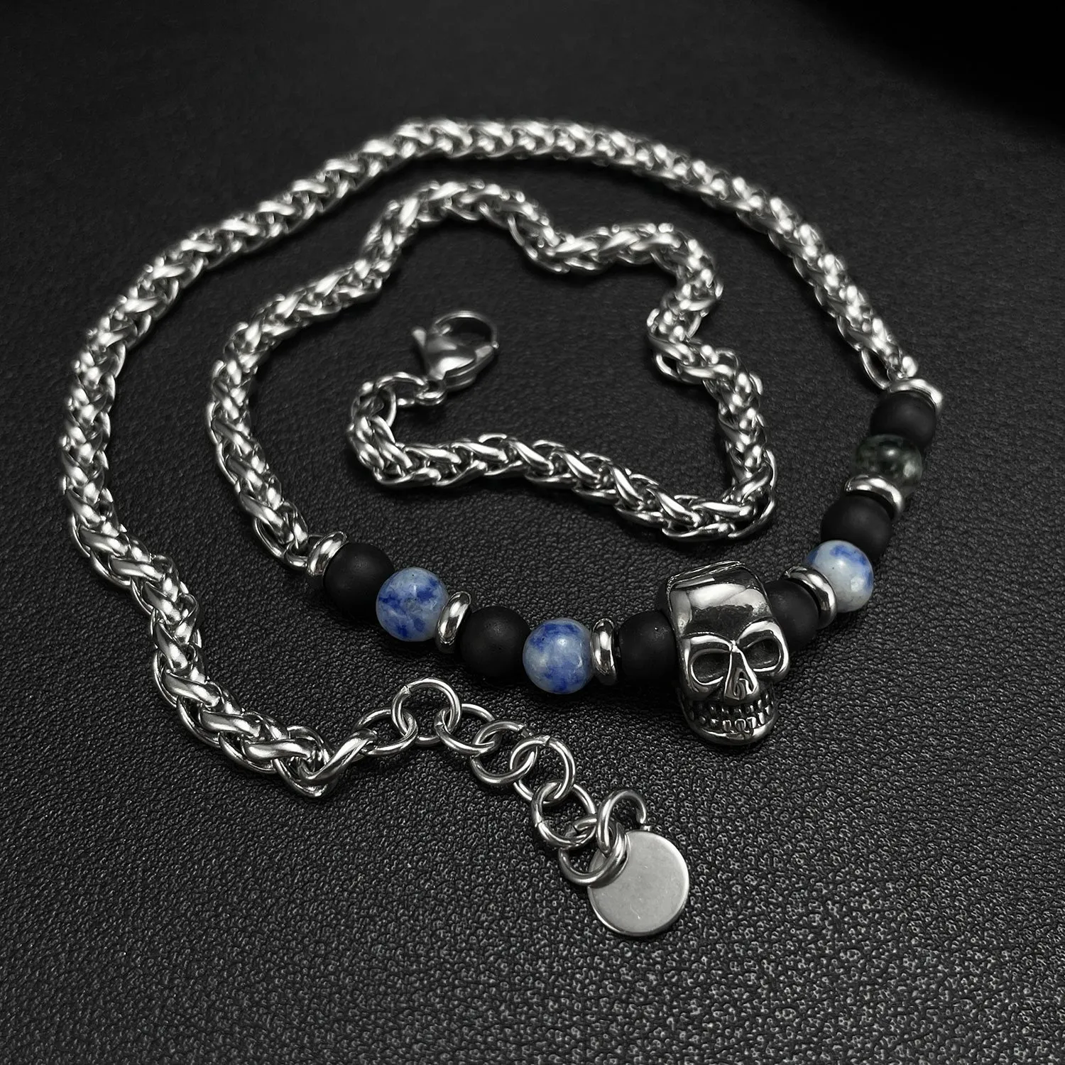 Men's Skull Bead Necklace with Black Onyx and Sodalite - Edgy Stainless Steel Chain, Perfect for Casual or Gothic Styles