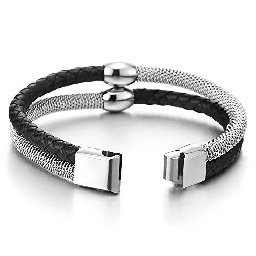 Mens Womens Two-Row Black Braided Leather and Steel Cable Bangle Bracelet Wristband with Bead Charm