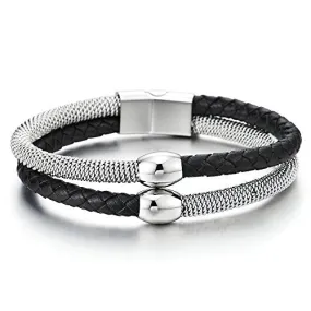 Mens Womens Two-Row Black Braided Leather and Steel Cable Bangle Bracelet Wristband with Bead Charm