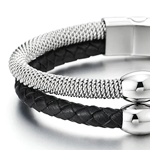 Mens Womens Two-Row Black Braided Leather and Steel Cable Bangle Bracelet Wristband with Bead Charm