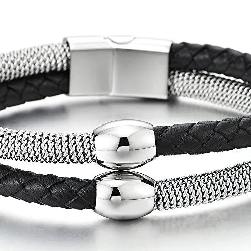 Mens Womens Two-Row Black Braided Leather and Steel Cable Bangle Bracelet Wristband with Bead Charm