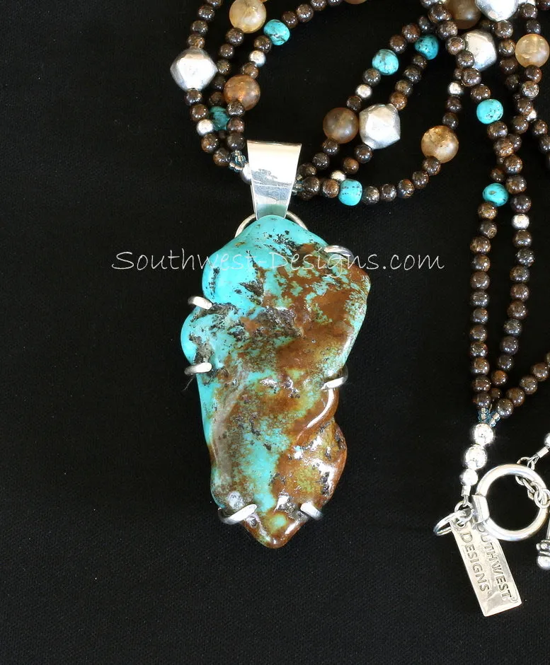 Mexican Flats Turquoise and Sterling Silver Post-Set Pendant with 3 Strands of Bronzite, Amber Quartz, Turquoise and Sterling Silver