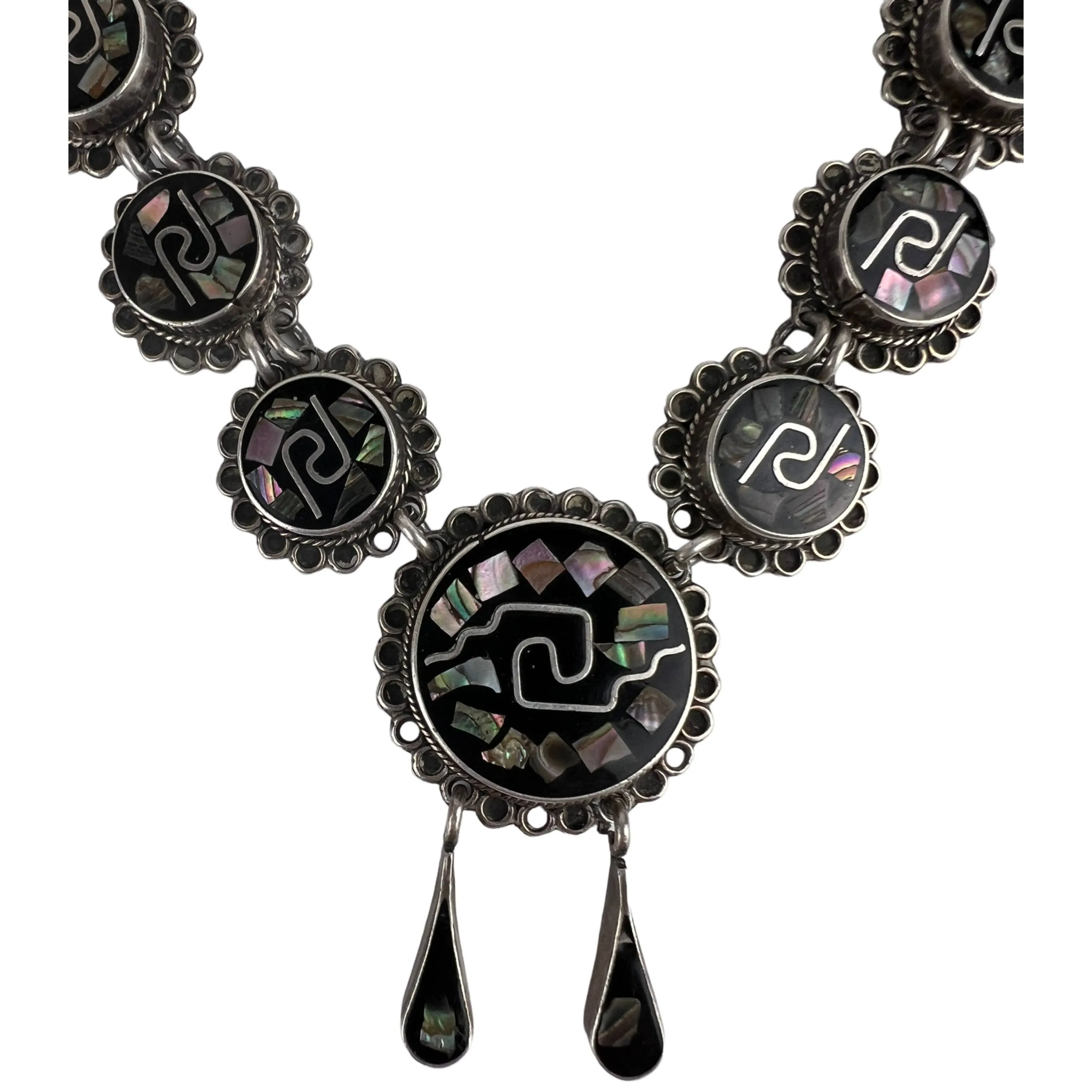 Mexican Sterling Silver Necklace with Onyx & Abalone TC-114