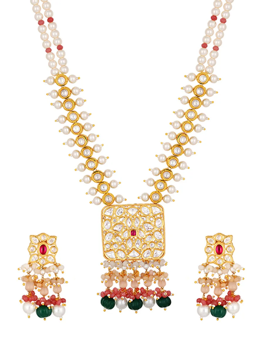 Micron gold polished brass, Agates, Kundan Polki, Shell Pearls Necklace Set