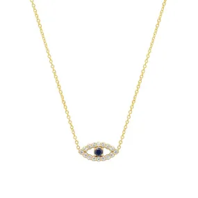 Mini Diamond Open Evil Eye Necklace with Blue Sapphire Center