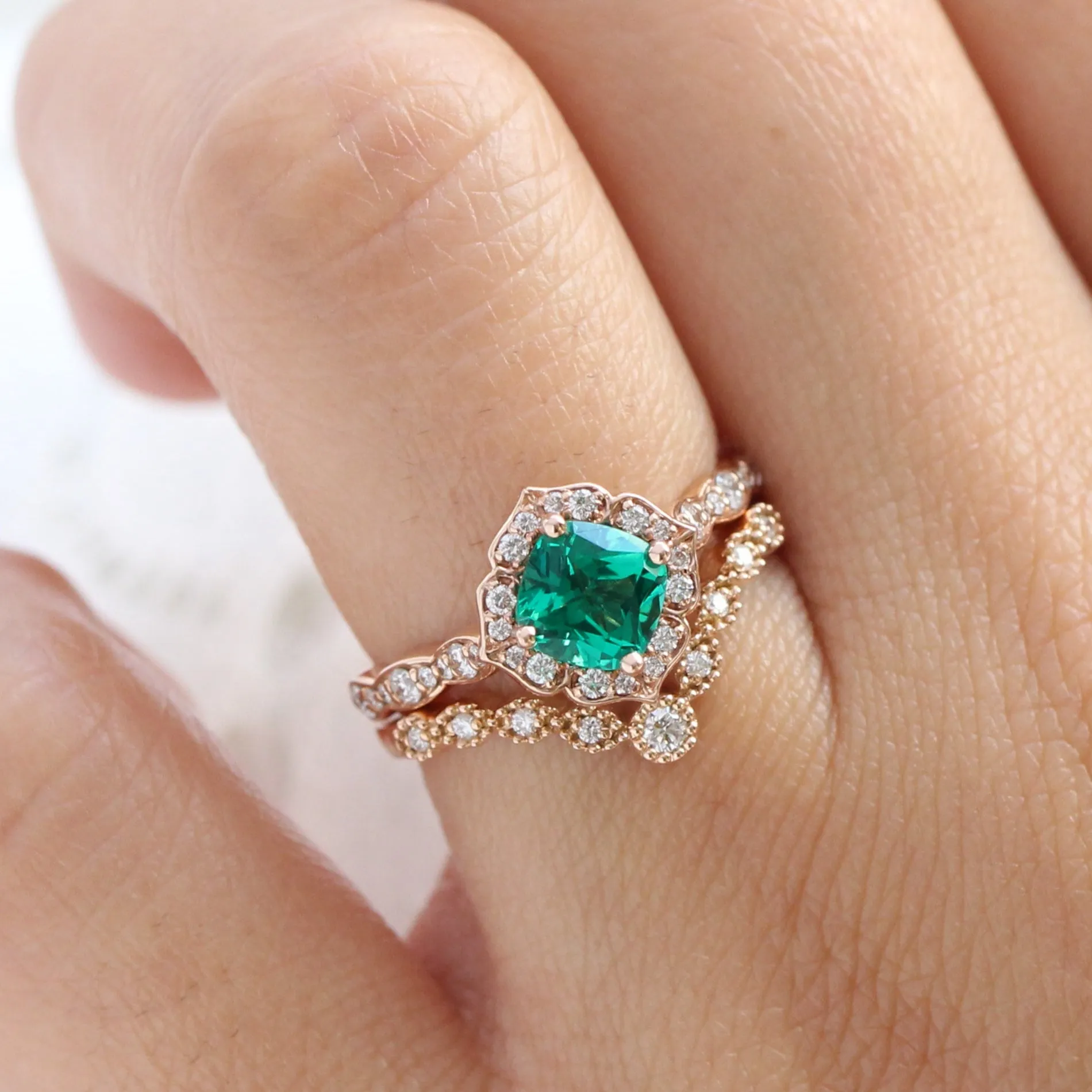 Mini Vintage Floral Ring Bridal Set w/ Cushion Emerald and Curved Diamond Band