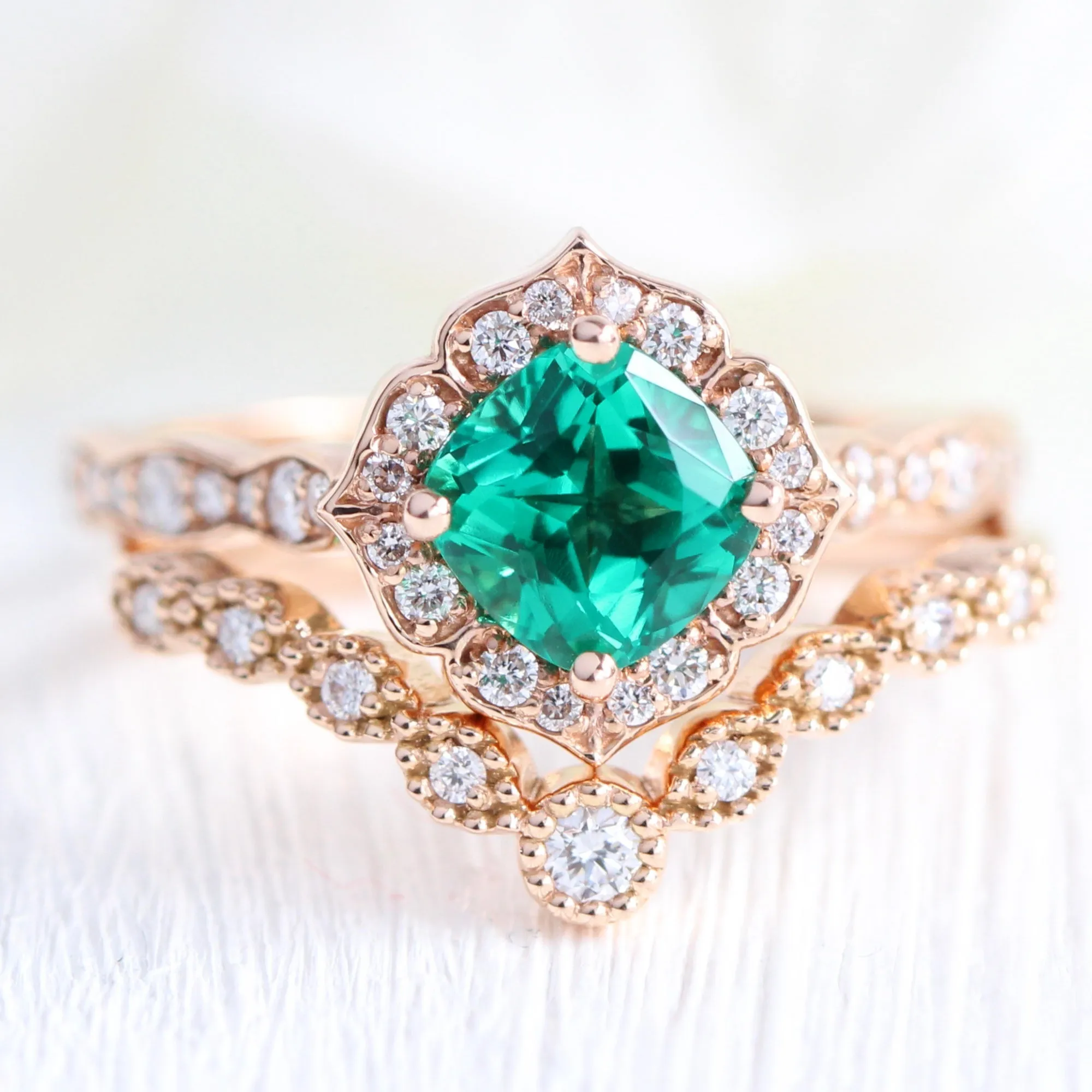 Mini Vintage Floral Ring Bridal Set w/ Cushion Emerald and Curved Diamond Band