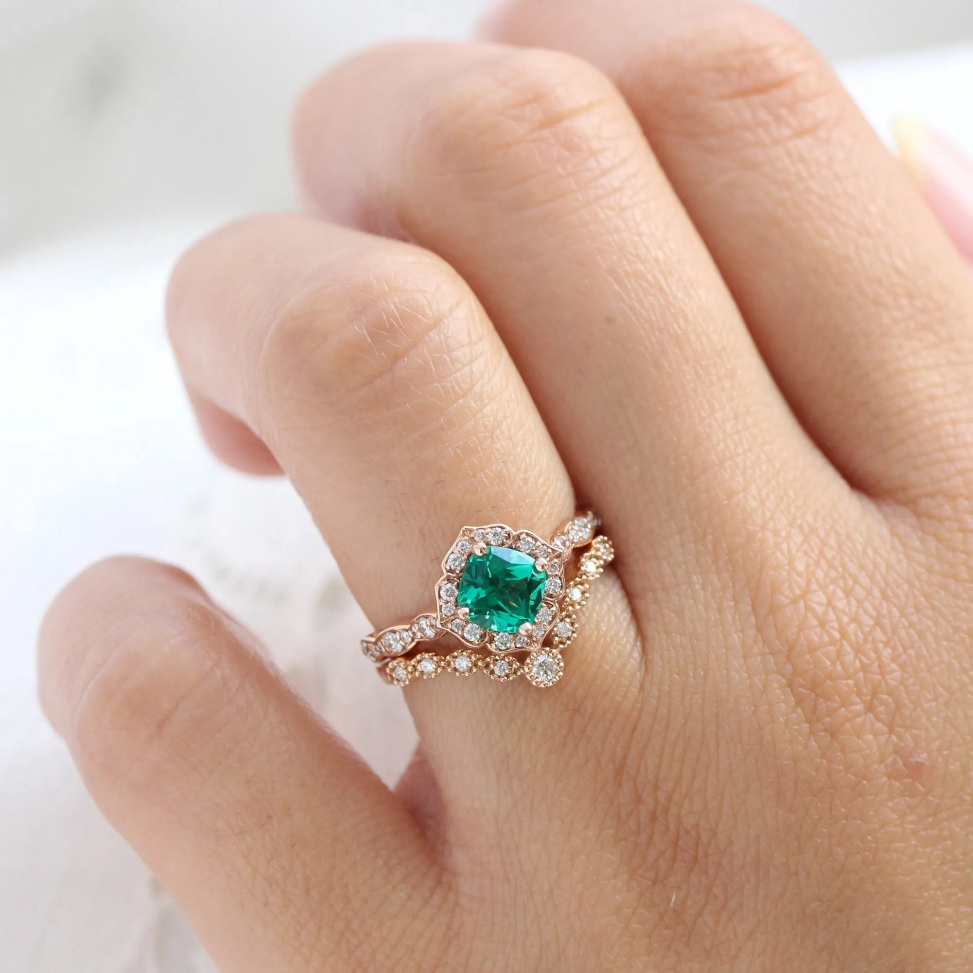 Mini Vintage Floral Ring Bridal Set w/ Cushion Emerald and Curved Diamond Band