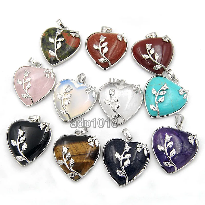 Natural Gemstone Flower Heart Reiki Chakra Charm Pendant Necklace