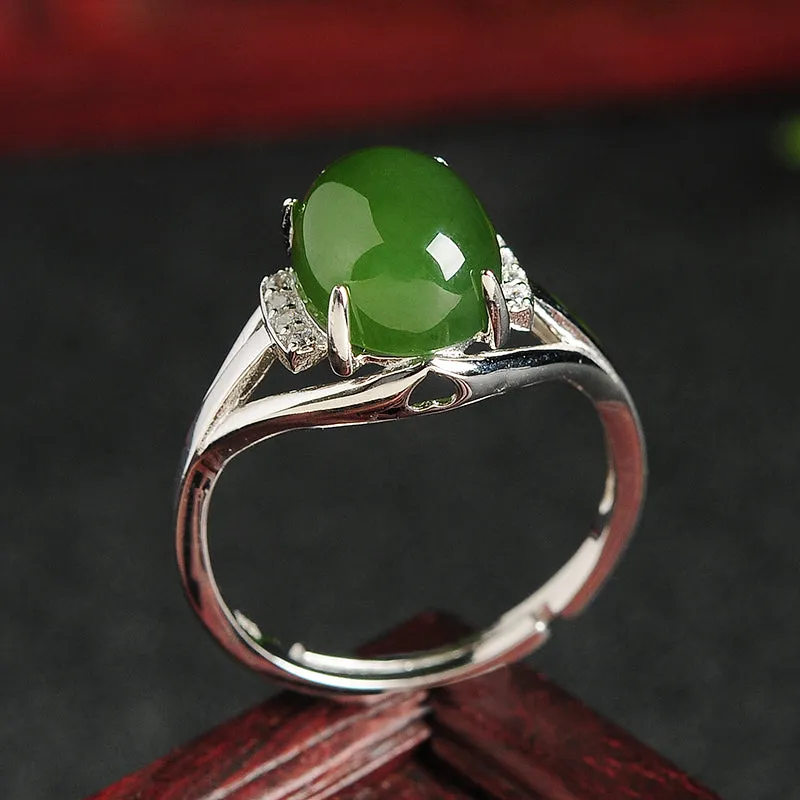 Natural Jade Ring Nephrite Silver Adjustable Ring WR10