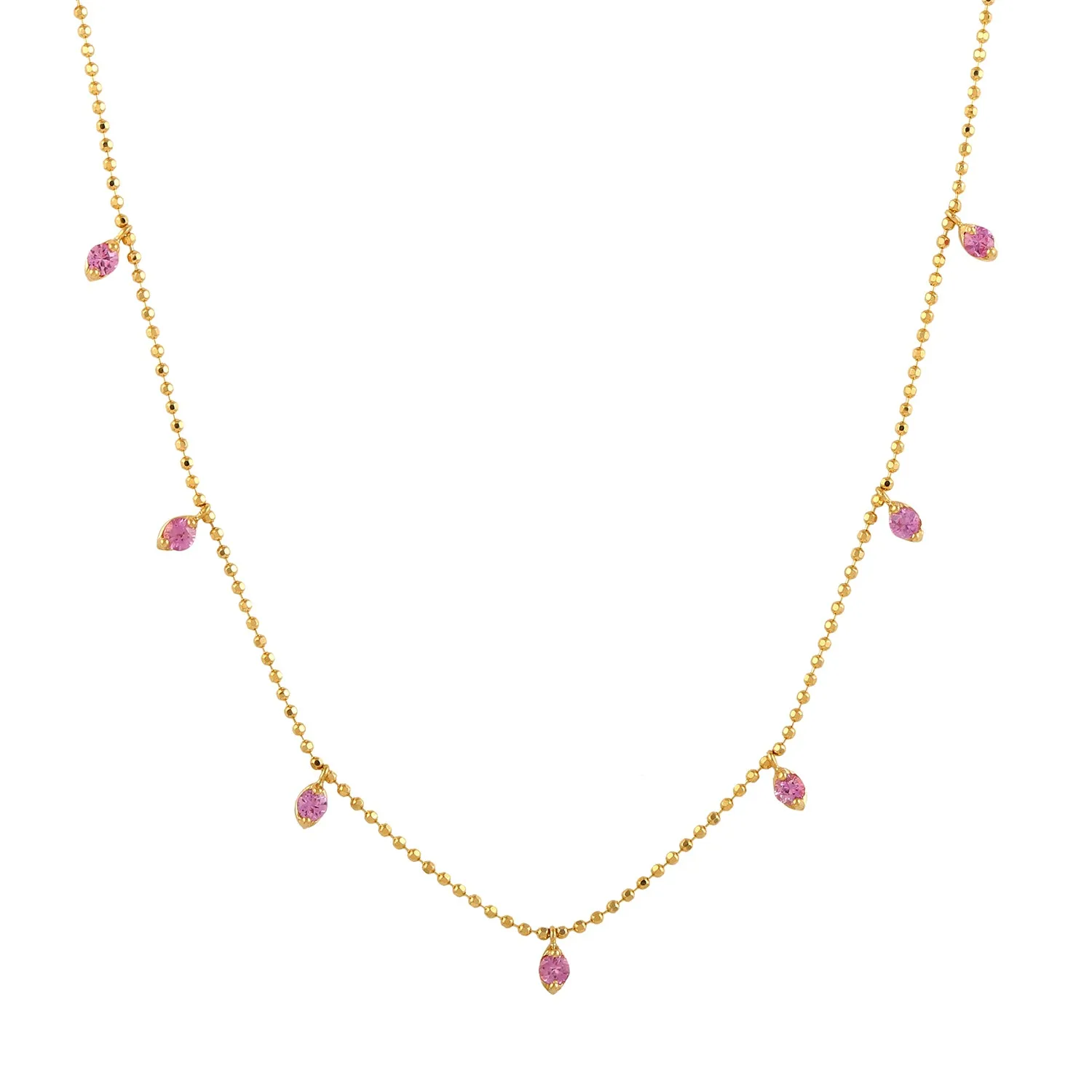 Natural Pink Sapphire Gemstone 18k Yellow Gold Dot Bead Chain Necklace Jewelry