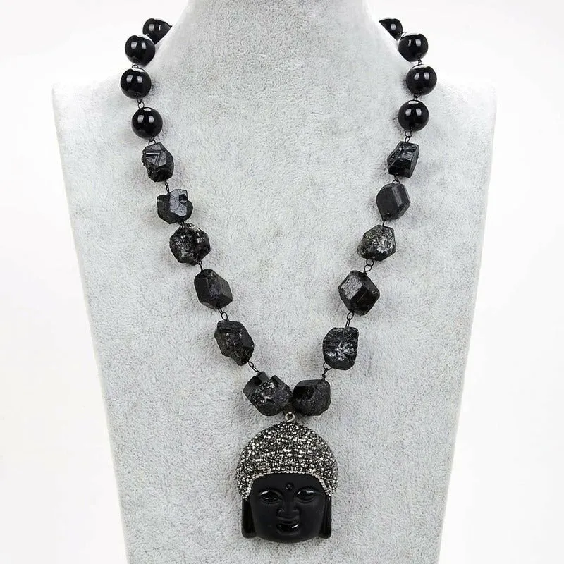 Natural, Raw Black Tourmaline Necklace with Black Onyx Buddha Pendant