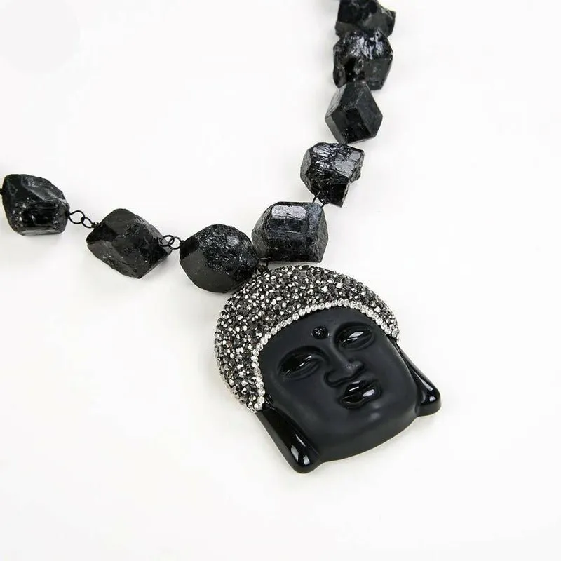 Natural, Raw Black Tourmaline Necklace with Black Onyx Buddha Pendant