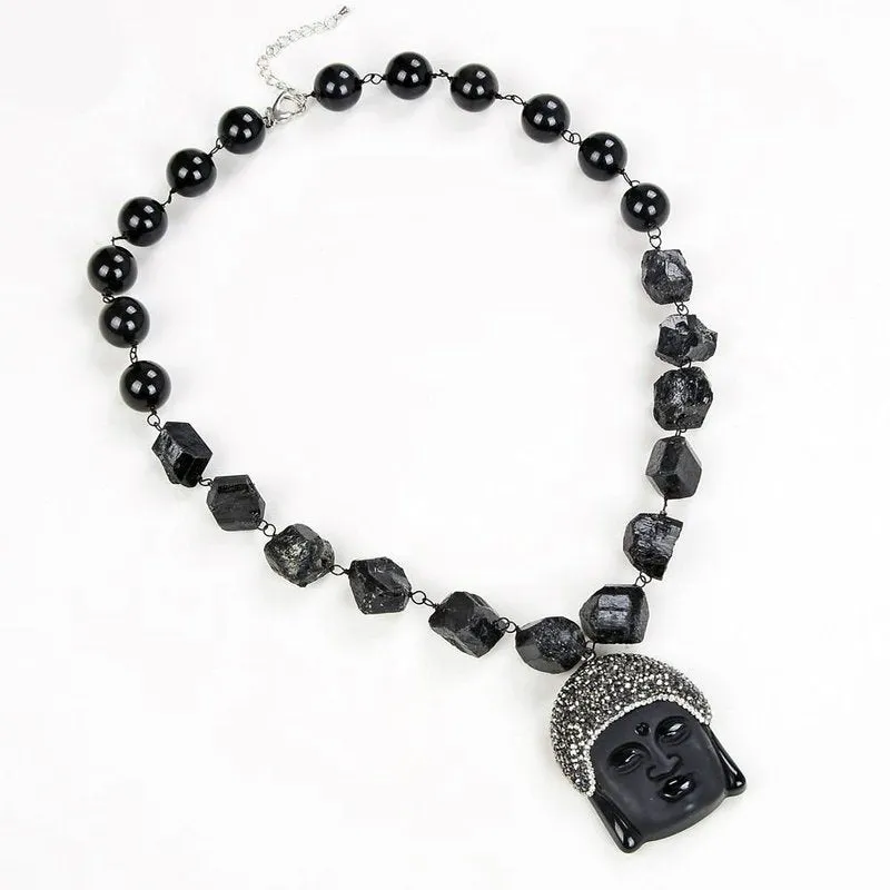 Natural, Raw Black Tourmaline Necklace with Black Onyx Buddha Pendant