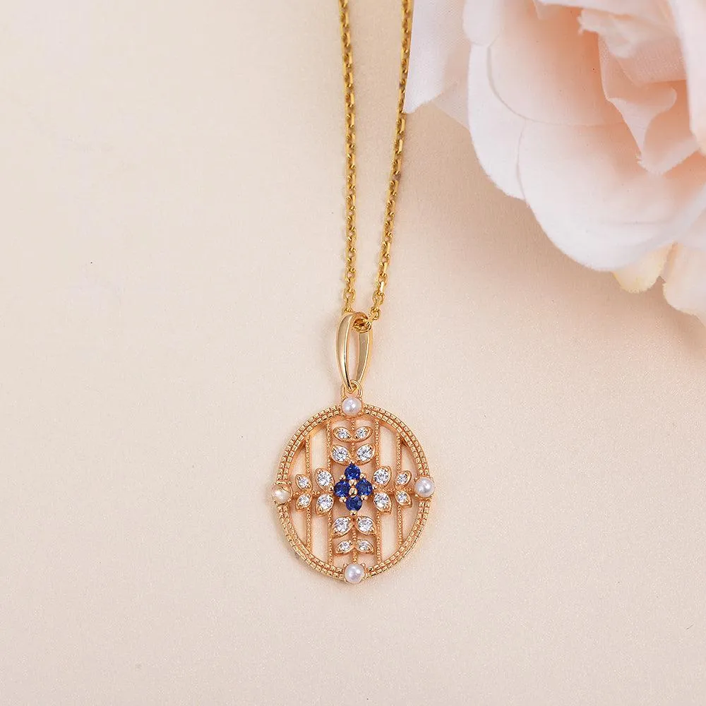 Natural Sapphire & Pearl & Moissanite Yellow Gold Necklace