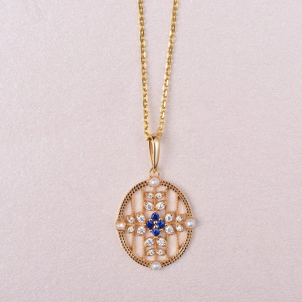 Natural Sapphire & Pearl & Moissanite Yellow Gold Necklace