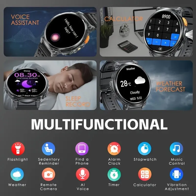 New Smart Watch For Men With 4.7 cm Display, Powerful Flashlight, 730mAh High Capacity Battery Super Long Standby Time, Multi-Funcation With Fitness Tracking, Wireless Calling/Music, Message Reminder, Alarm, For Andorid And Iphone, Silvery