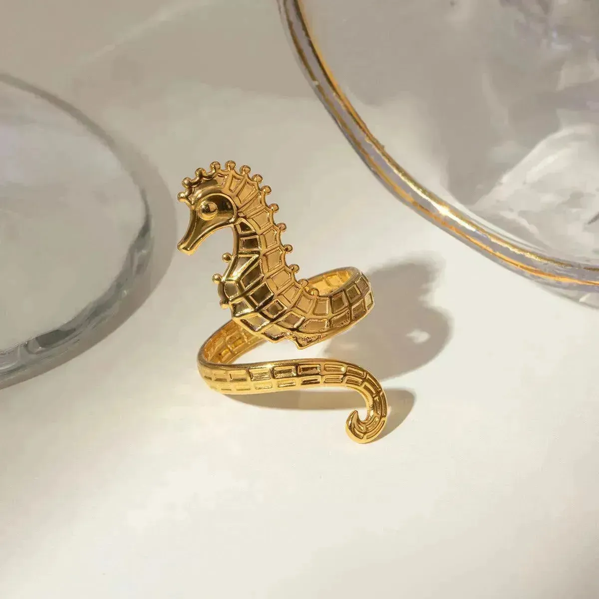 Ocean 18K Gold Stainless Steel Seahorse Opening Ring for Women