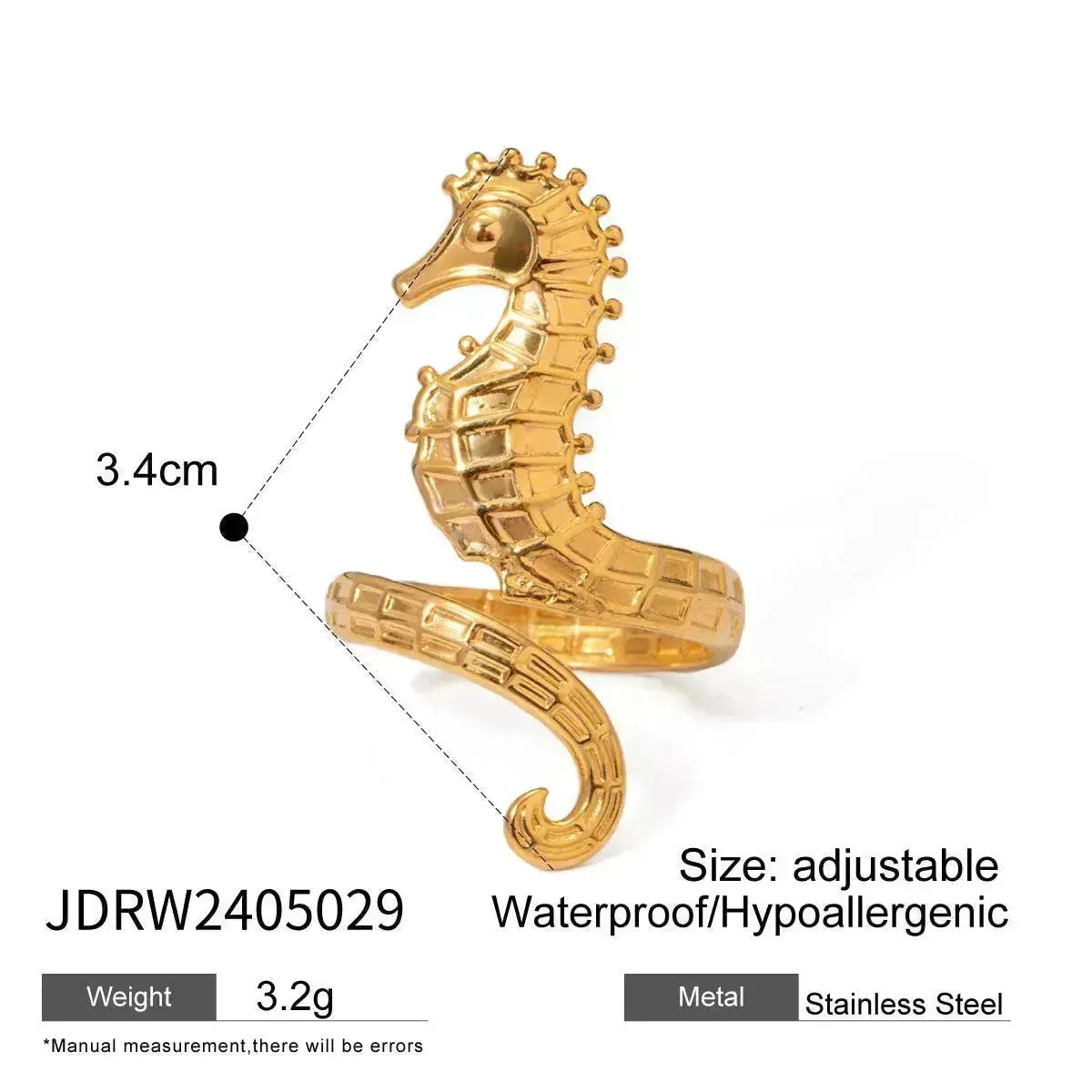 Ocean 18K Gold Stainless Steel Seahorse Opening Ring for Women