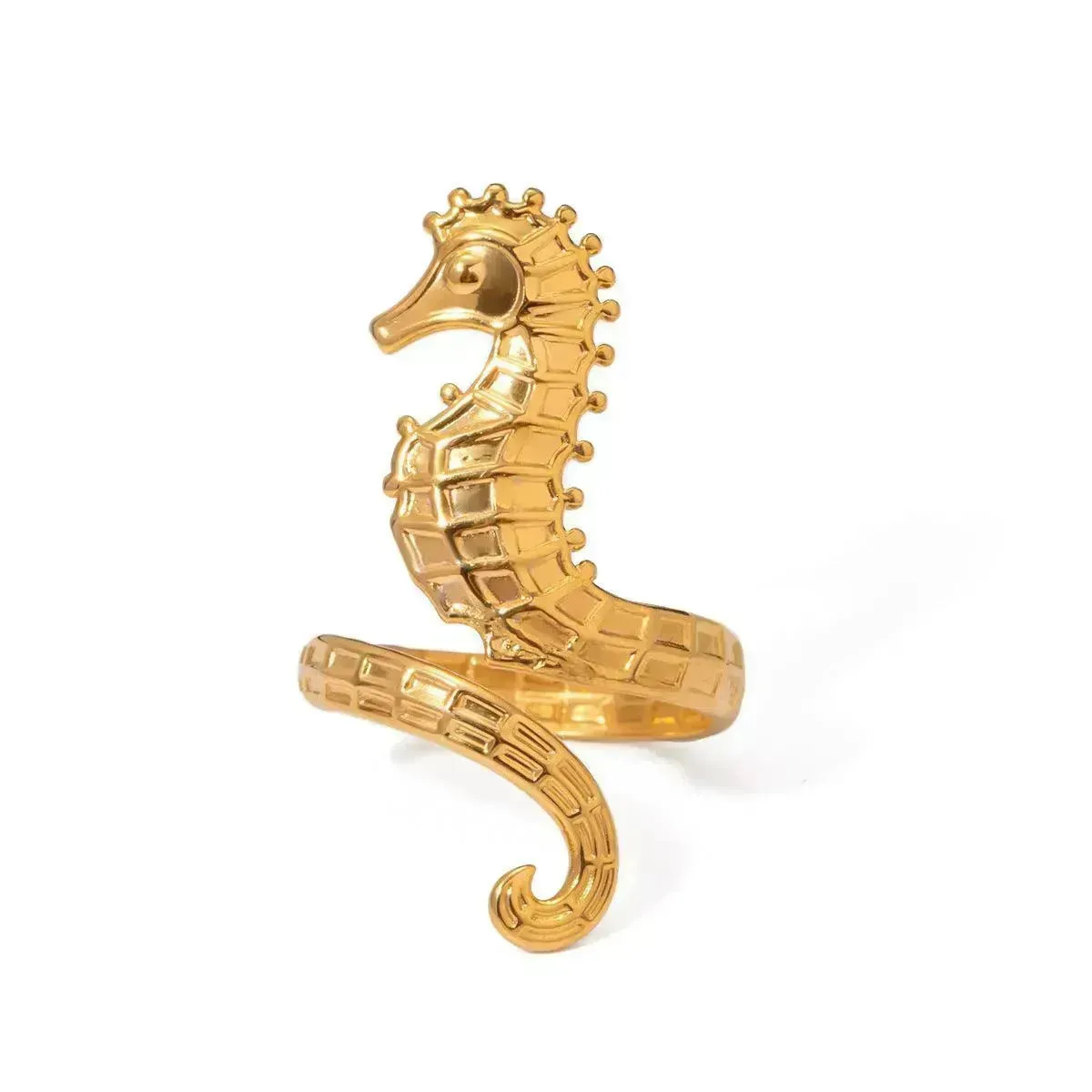 Ocean 18K Gold Stainless Steel Seahorse Opening Ring for Women