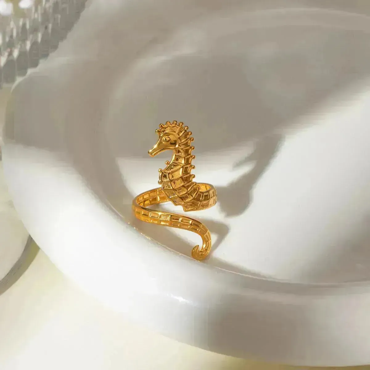 Ocean 18K Gold Stainless Steel Seahorse Opening Ring for Women