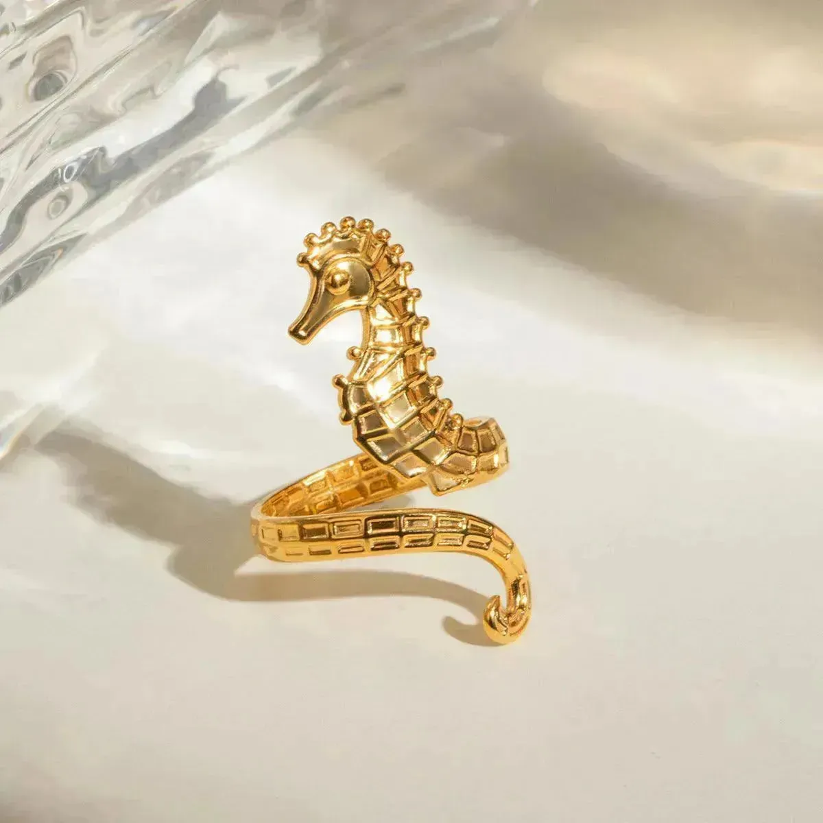 Ocean 18K Gold Stainless Steel Seahorse Opening Ring for Women