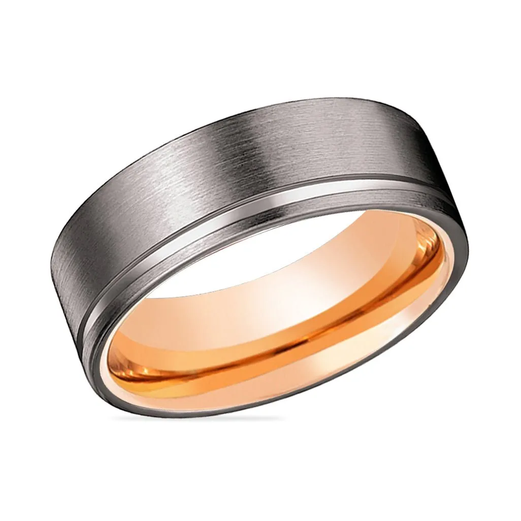 OCTOBER | Rose Gold Ring, Gunmetal Tungsten Offset Groove