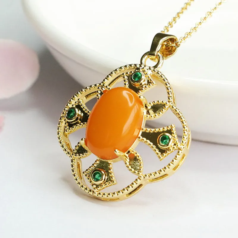 Organic Oval Sterling Silver Beeswax Amber Green Zircon Floral Pendant Necklace