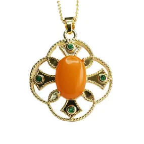 Organic Oval Sterling Silver Beeswax Amber Green Zircon Floral Pendant Necklace