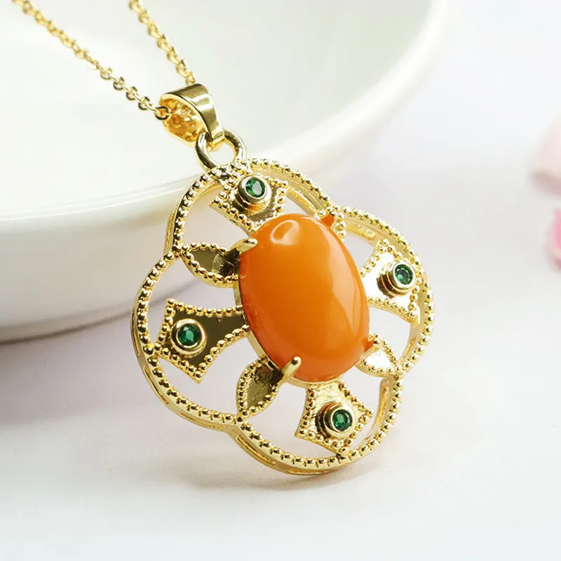 Organic Oval Sterling Silver Beeswax Amber Green Zircon Floral Pendant Necklace