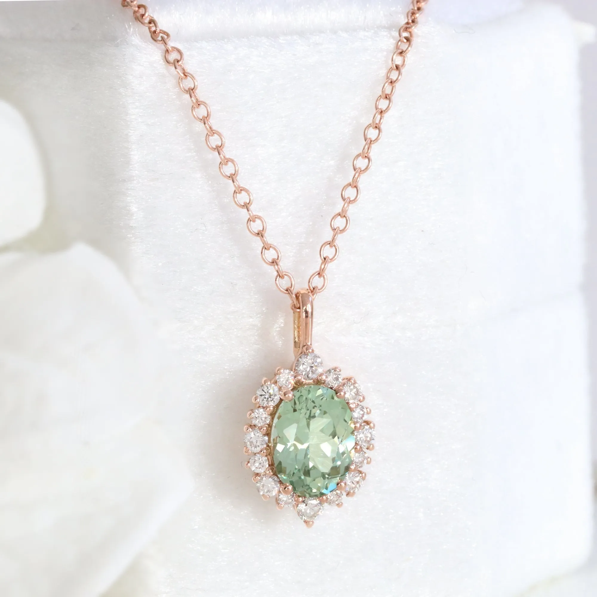 Oval Green Sapphire Necklace in 14k Gold Tiara Halo Diamond Pendant