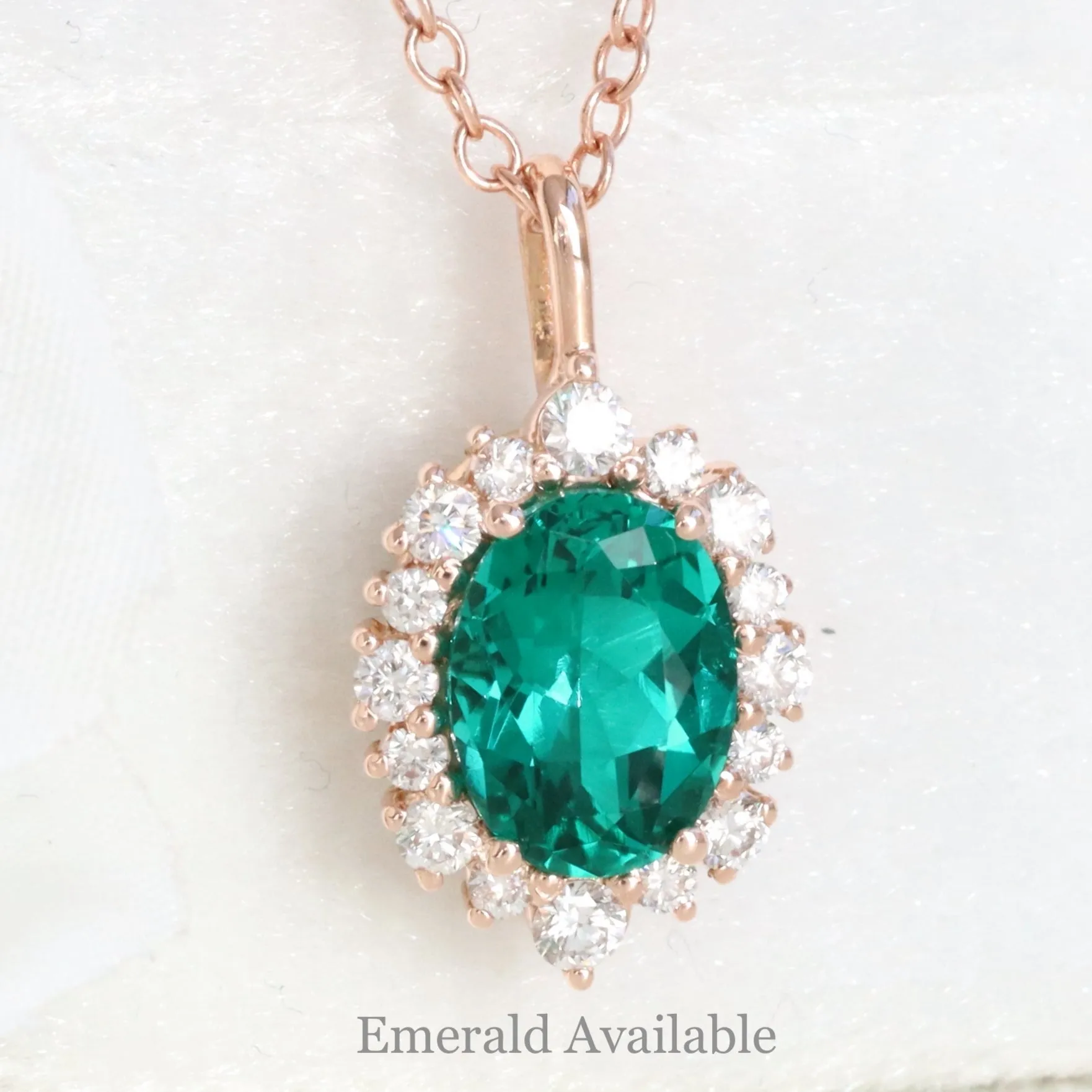 Oval Green Sapphire Necklace in 14k Gold Tiara Halo Diamond Pendant