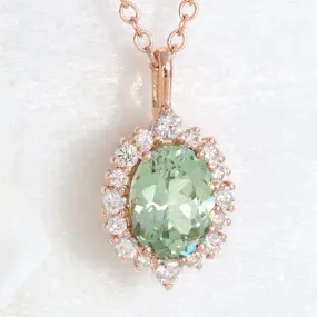 Oval Green Sapphire Necklace in 14k Gold Tiara Halo Diamond Pendant