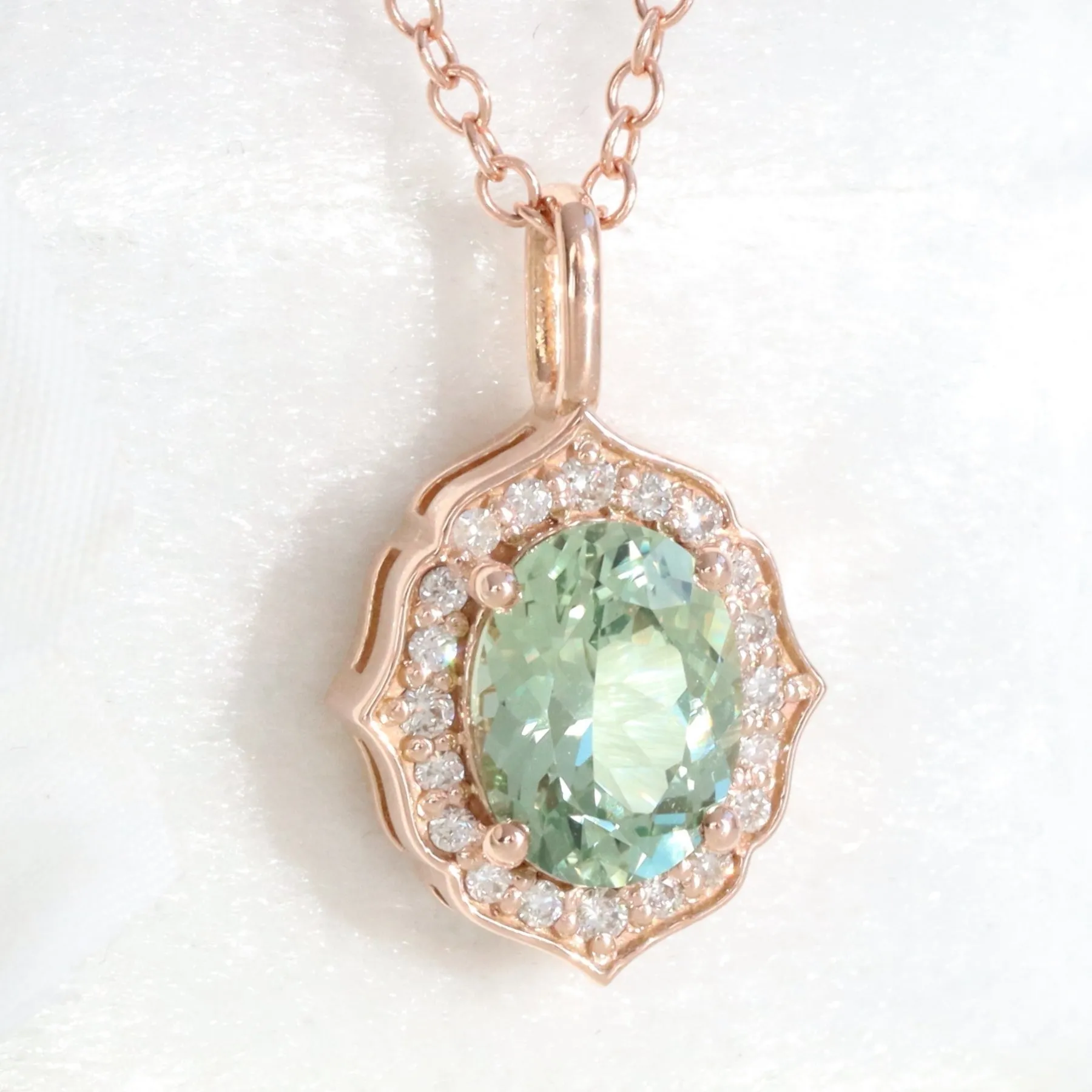 Oval Green Sapphire Necklace in 14k Gold Vintage Floral Diamond Pendant