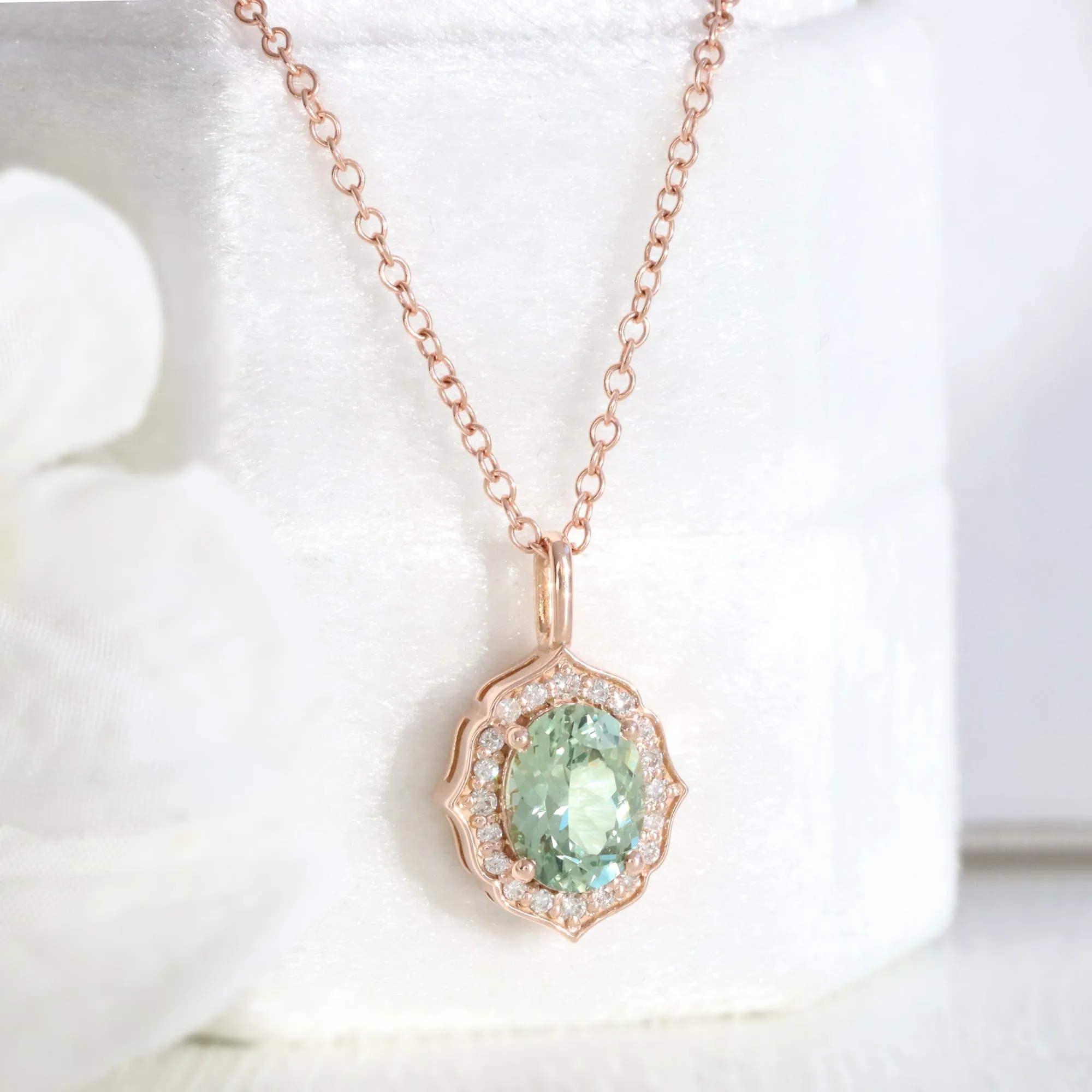 Oval Green Sapphire Necklace in 14k Gold Vintage Floral Diamond Pendant