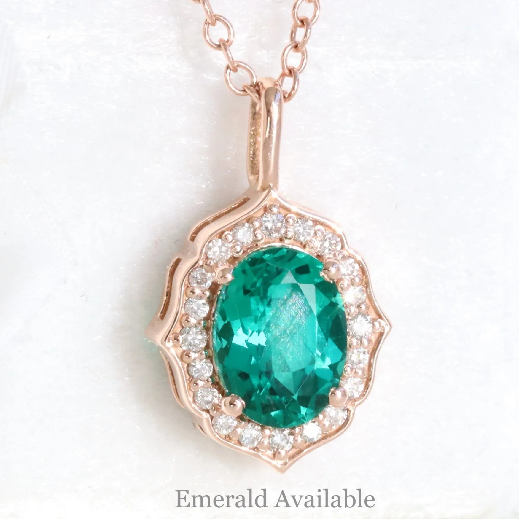 Oval Green Sapphire Necklace in 14k Gold Vintage Floral Diamond Pendant