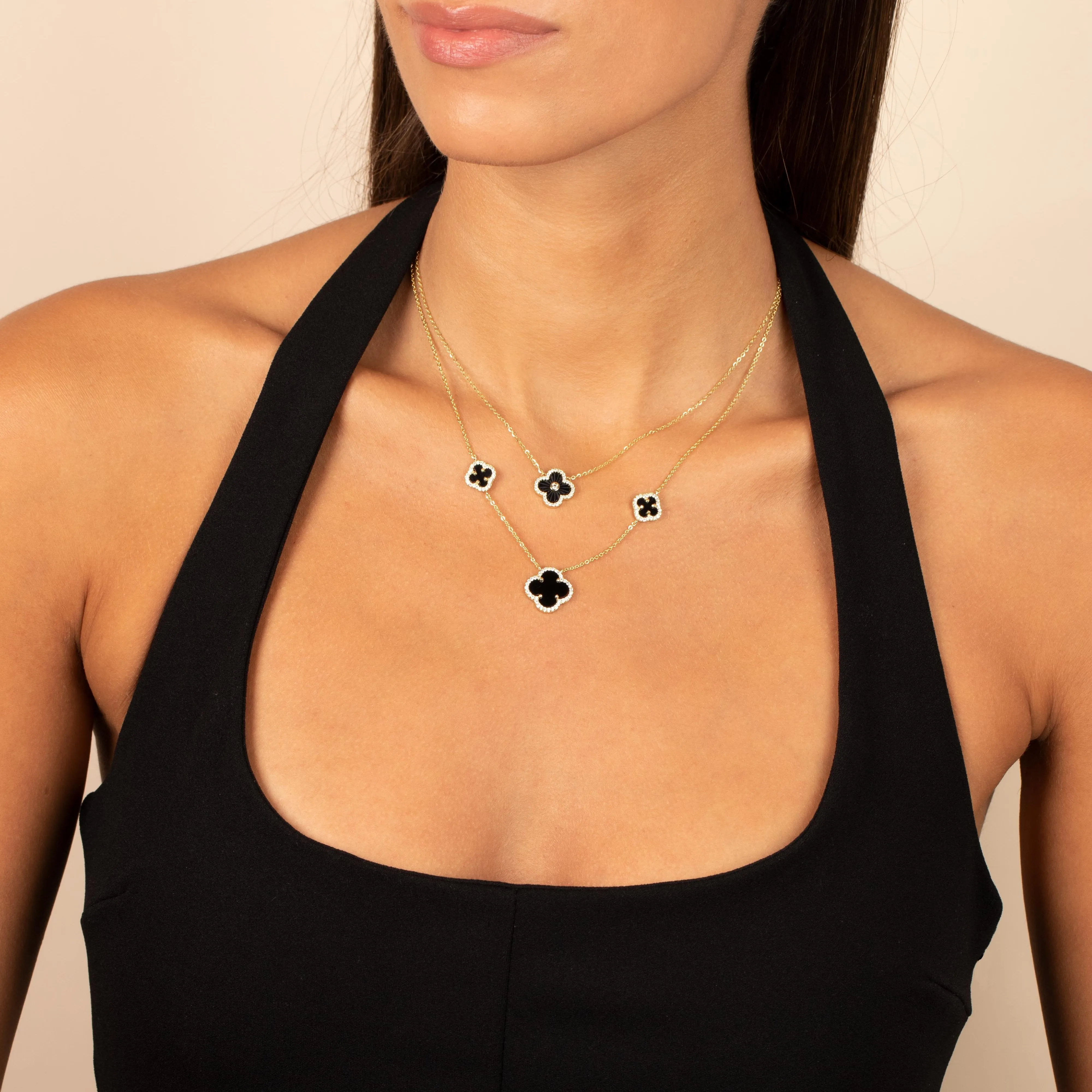 Pave Outlined Colored Stone Clover Necklace