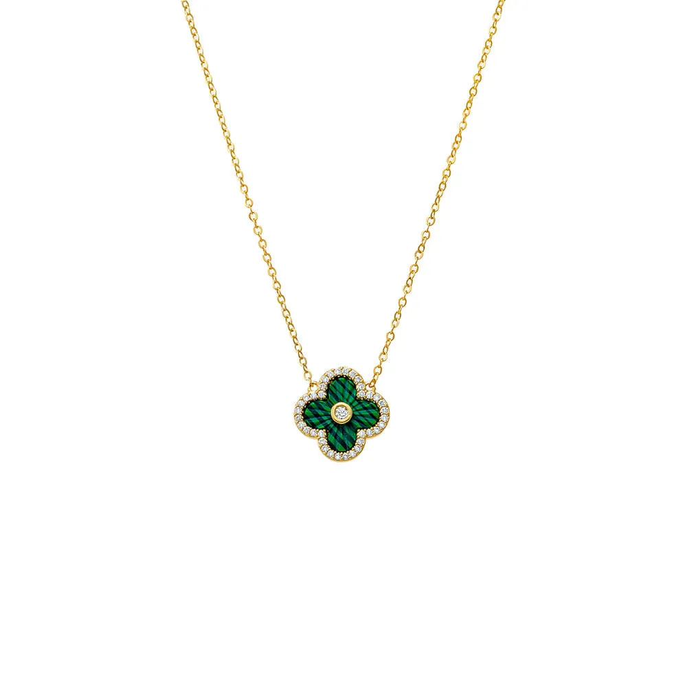 Pave Outlined Colored Stone Clover Necklace