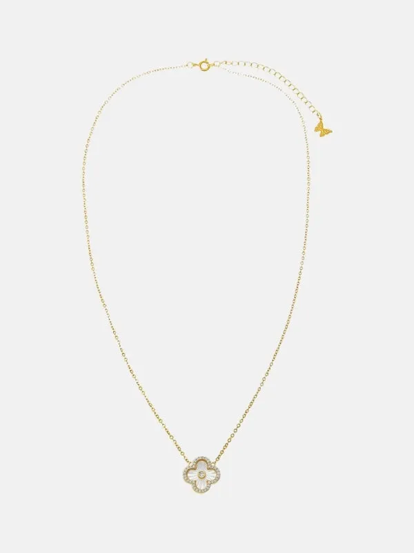 Pave Outlined Colored Stone Clover Necklace