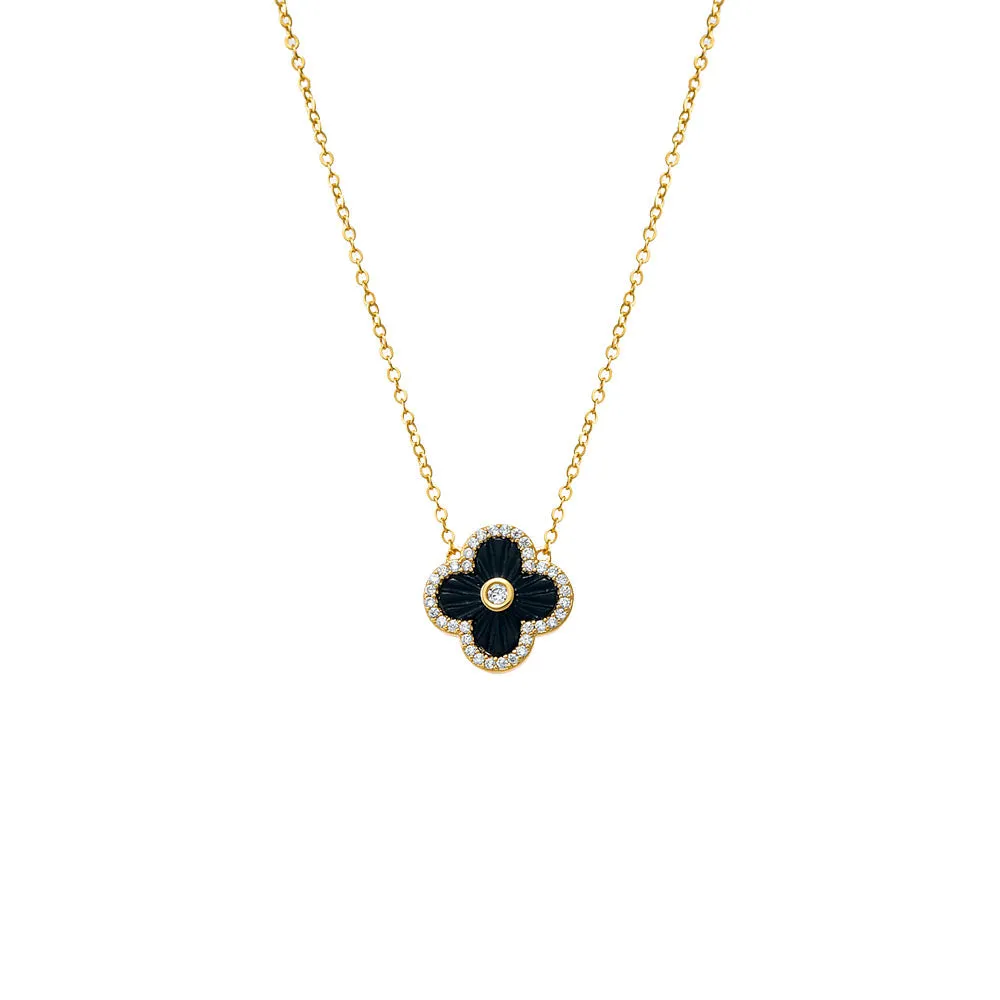 Pave Outlined Colored Stone Clover Necklace