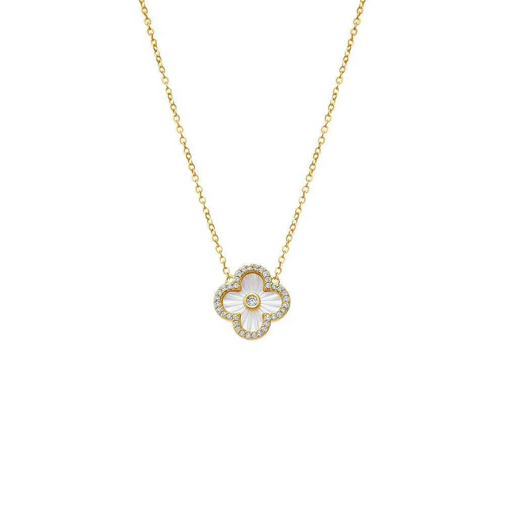 Pave Outlined Colored Stone Clover Necklace