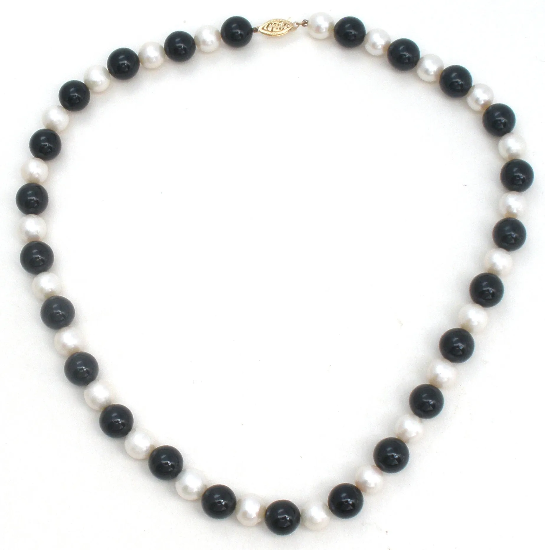 Pearl & Black Onyx Bead Necklace 14K Gold 18"