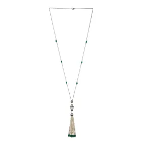 Pearl Beads Emerald Multi Gemstone Tassel Matinee Necklace Pave Diamond In White Gold