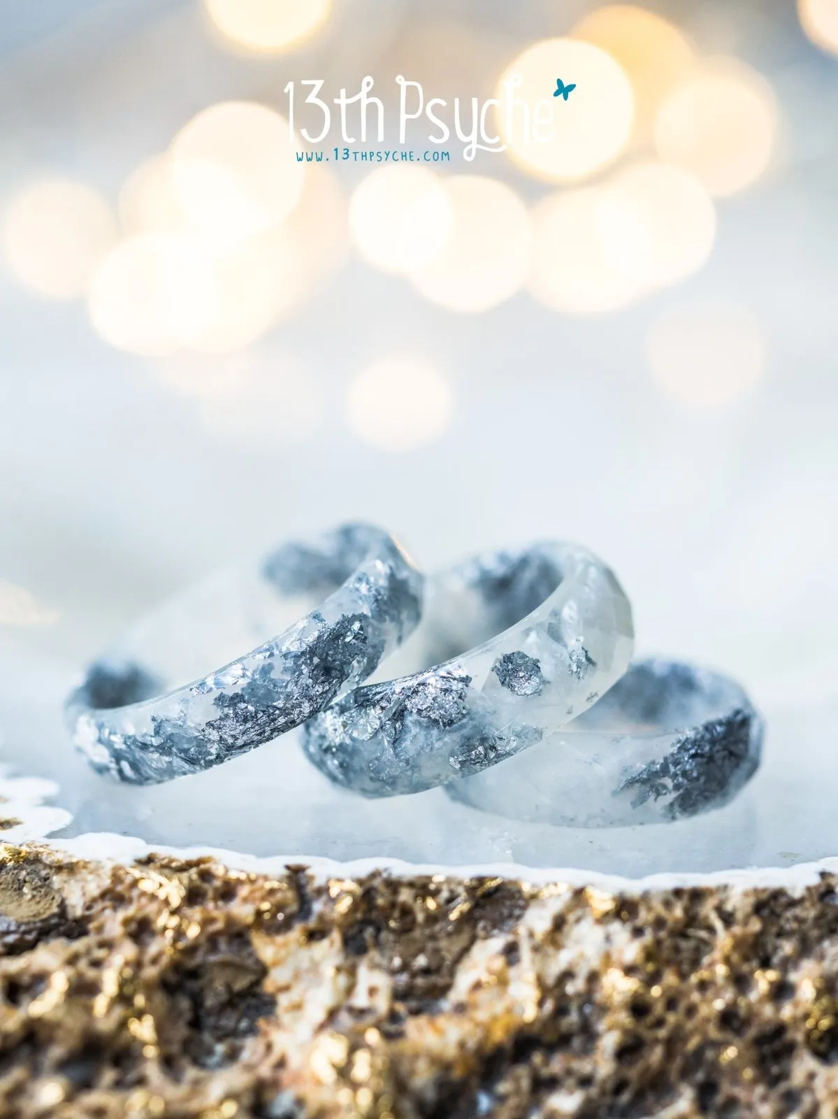 Pearl white and silver flakes faceted resin ring