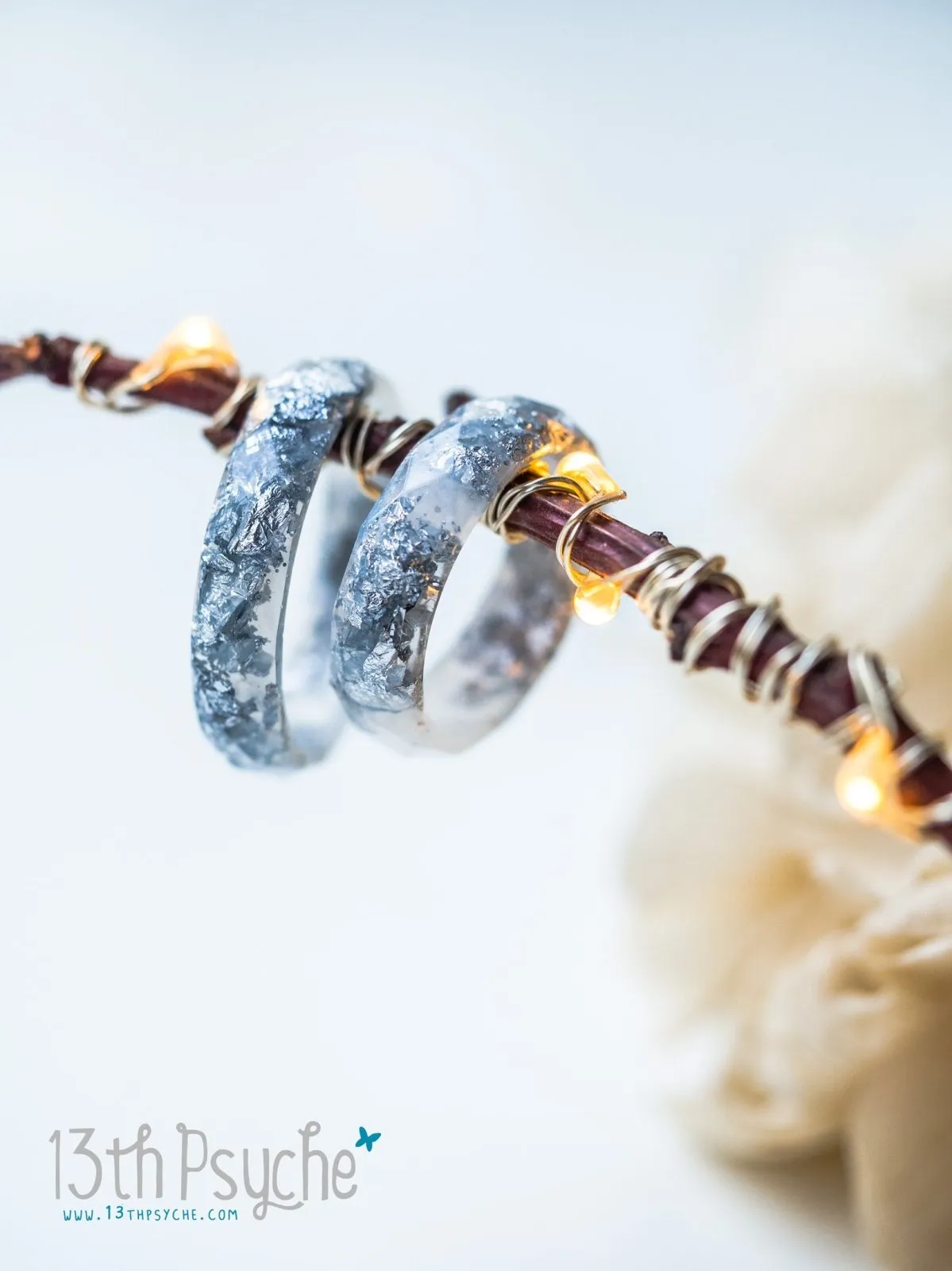 Pearl white and silver flakes faceted resin ring