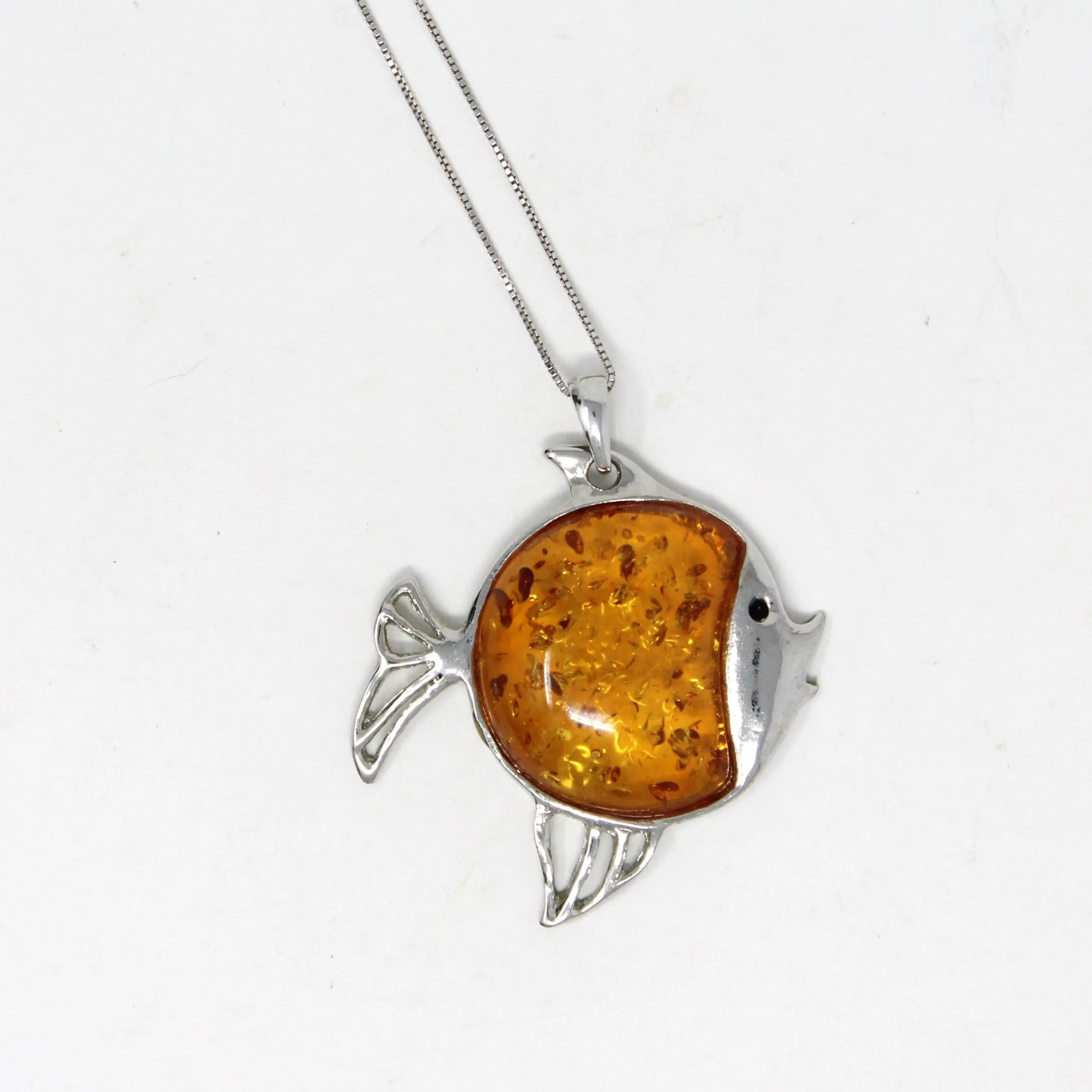 Pendant Necklace, Figural Fish Pendant on Sterling Silver Chain, Amber Stone, Vintage