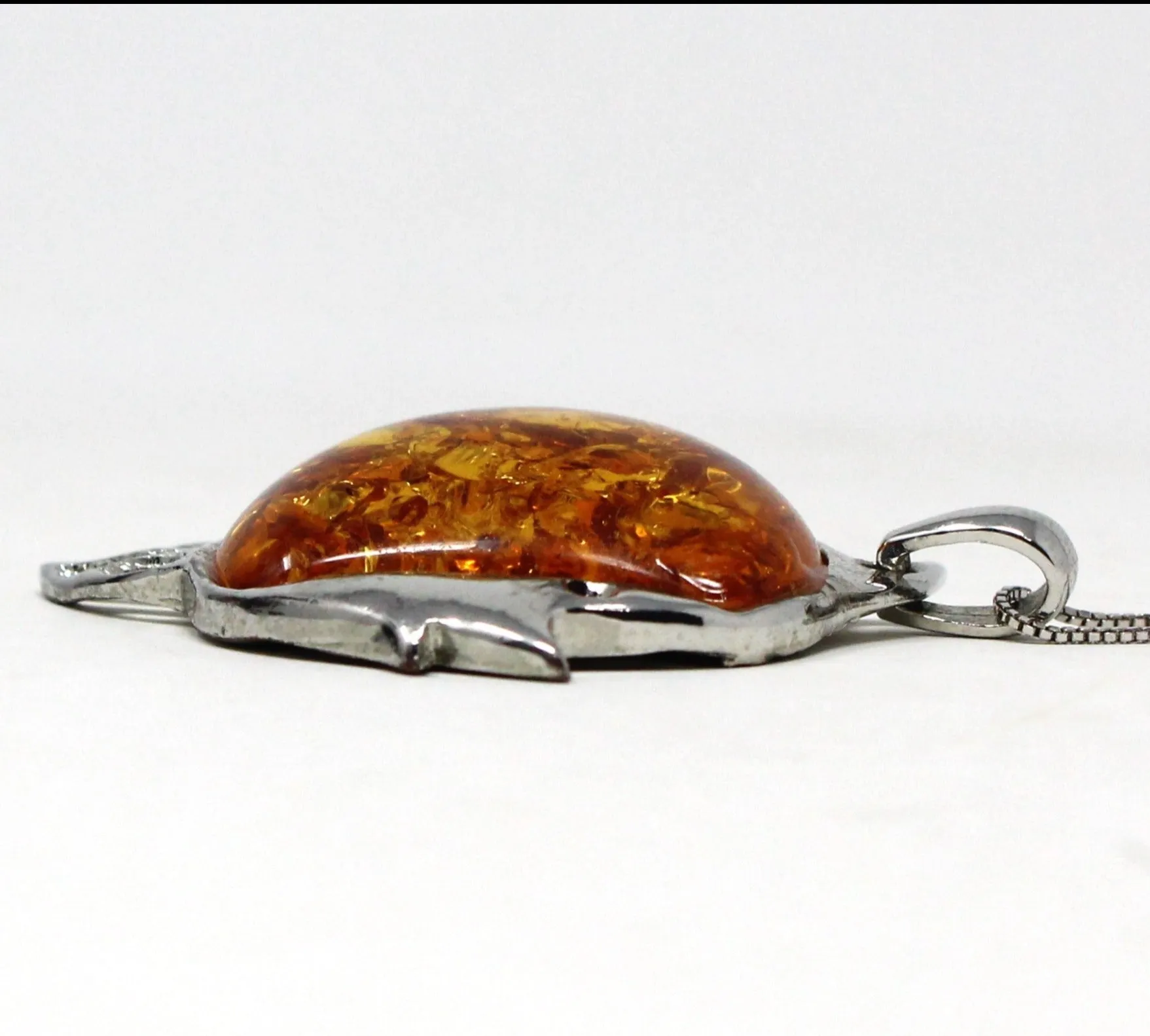 Pendant Necklace, Figural Fish Pendant on Sterling Silver Chain, Amber Stone, Vintage