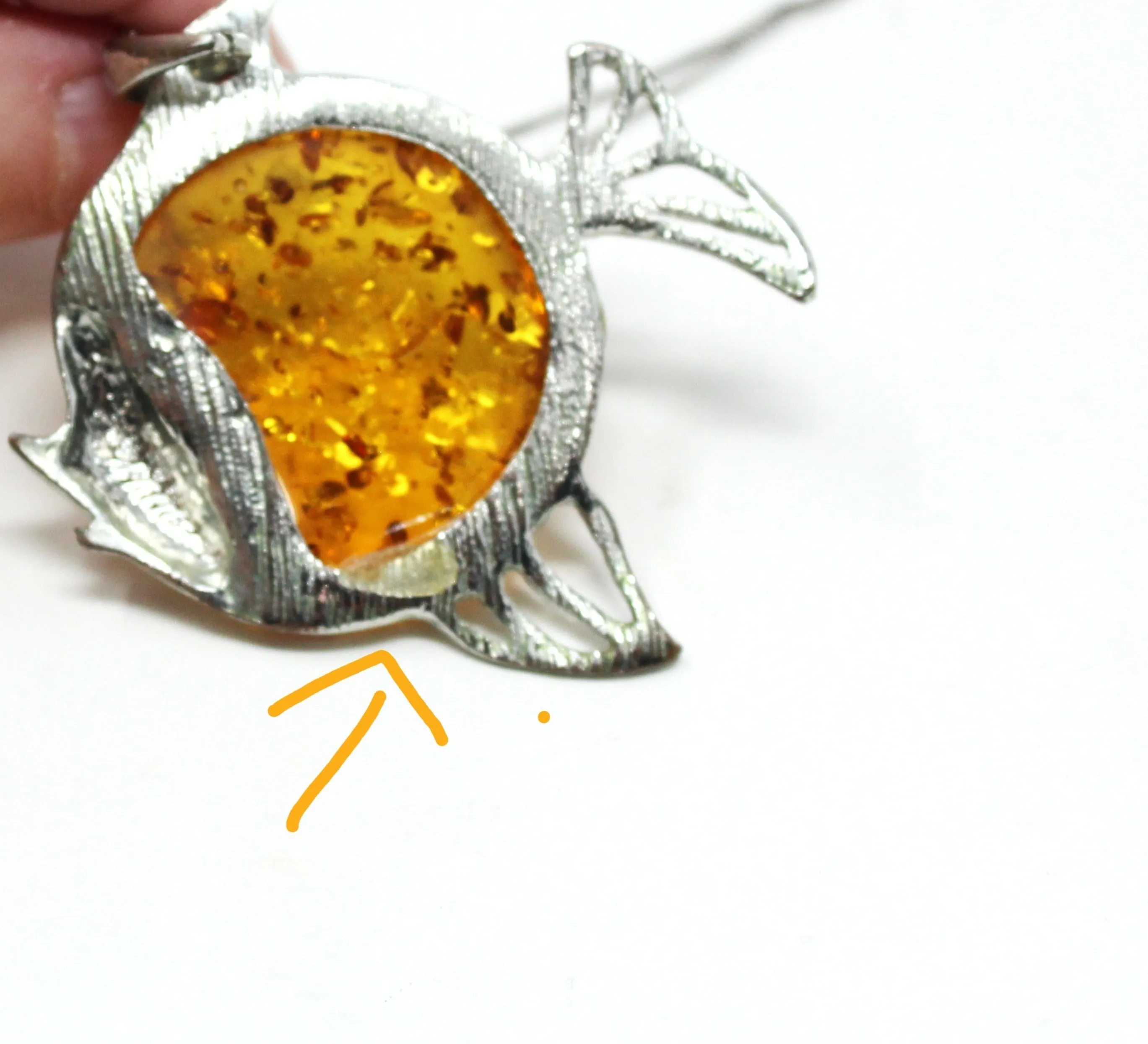 Pendant Necklace, Figural Fish Pendant on Sterling Silver Chain, Amber Stone, Vintage